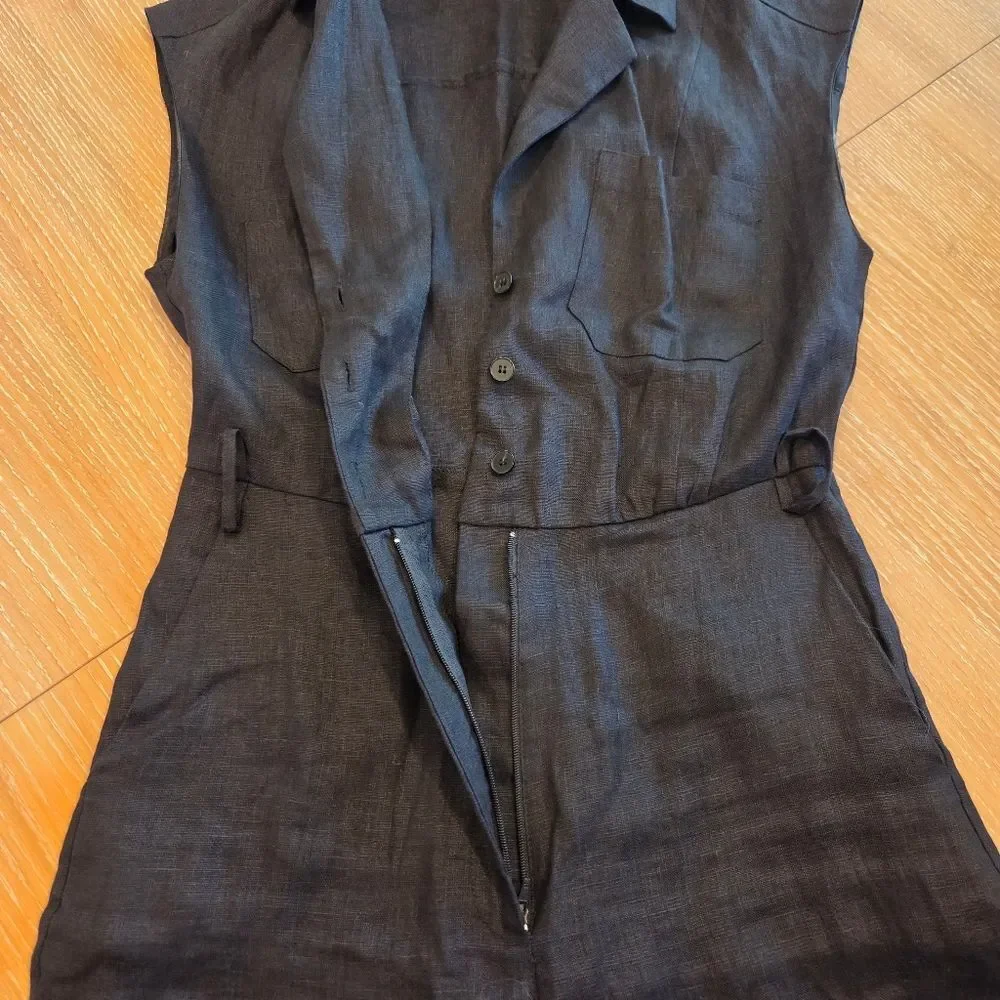 Mango Linen Women's Black Sleeveless Jumpsuit Crop Pant Button Front Pockets S